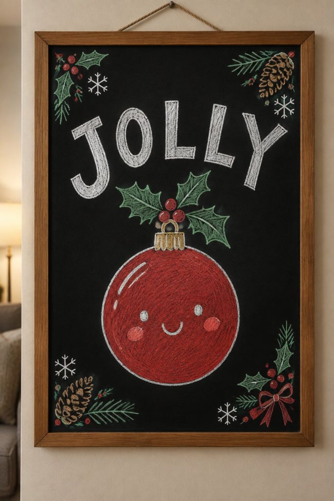 A hand-drawn christmas chalkboard sign reading "JOLLY".