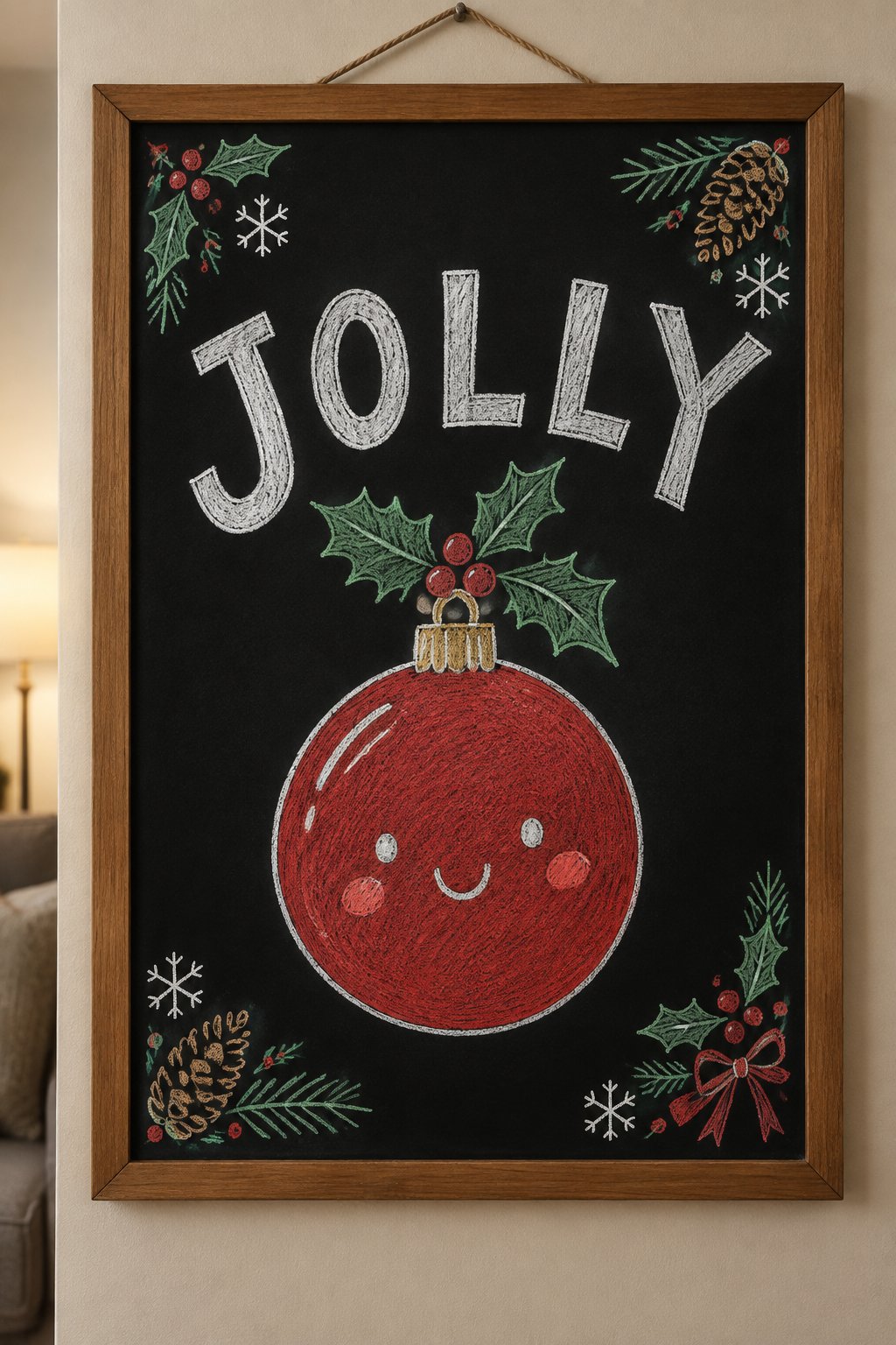 A hand-drawn christmas chalkboard sign reading "JOLLY".