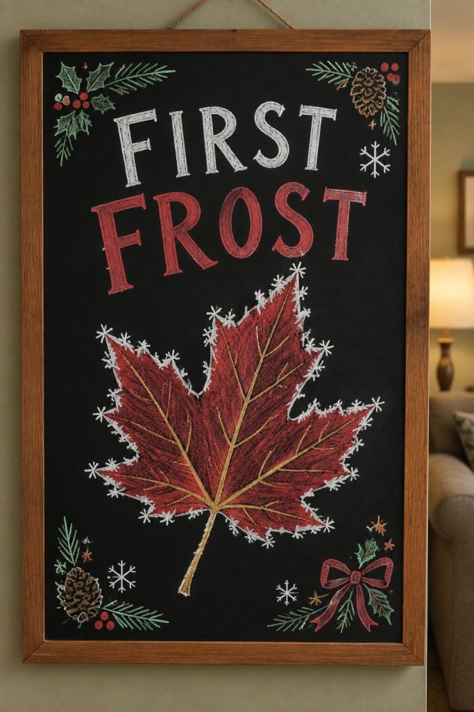 A hand-drawn christmas chalkboard sign reading "FIRST FROST".