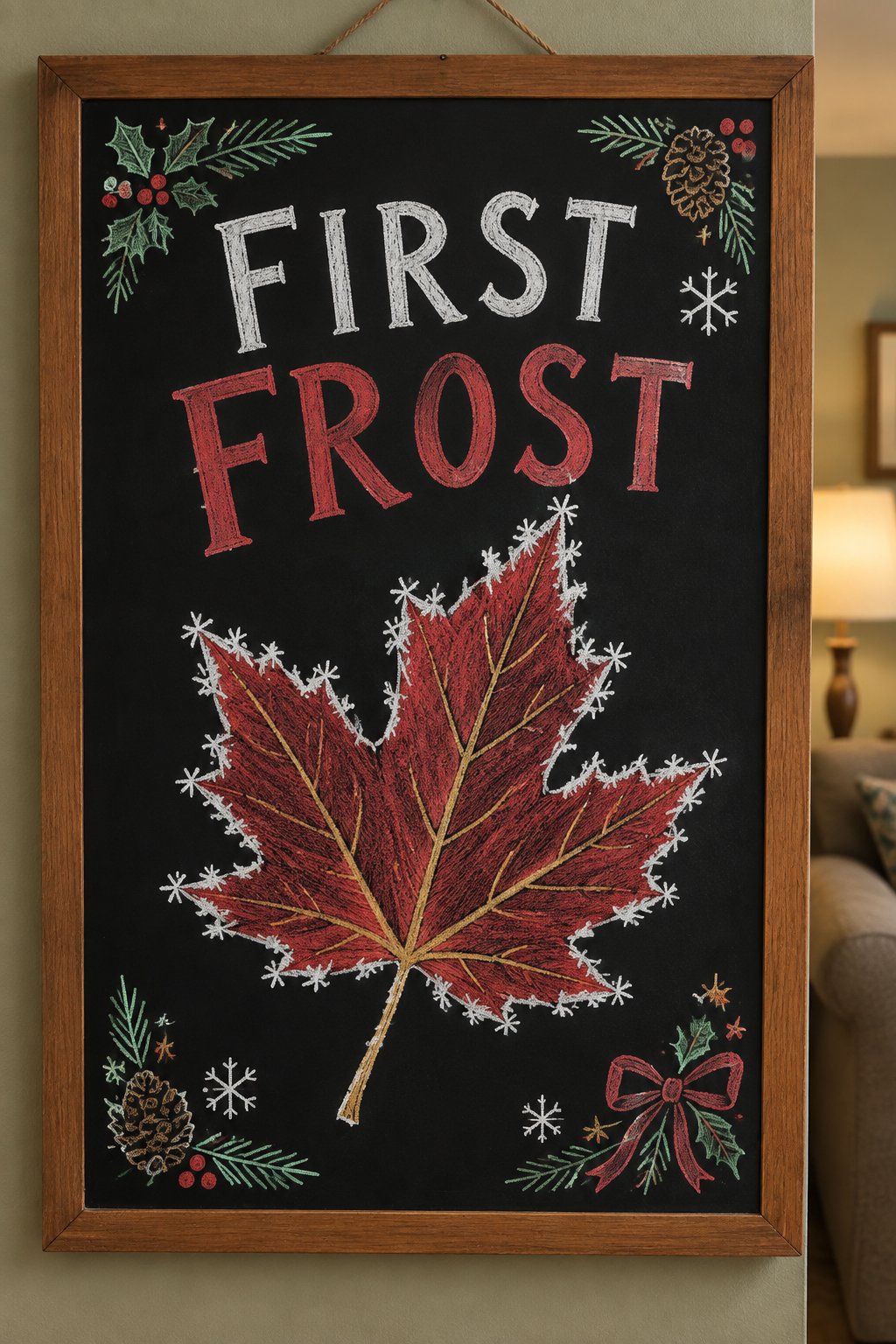 A hand-drawn christmas chalkboard sign reading "FIRST FROST".