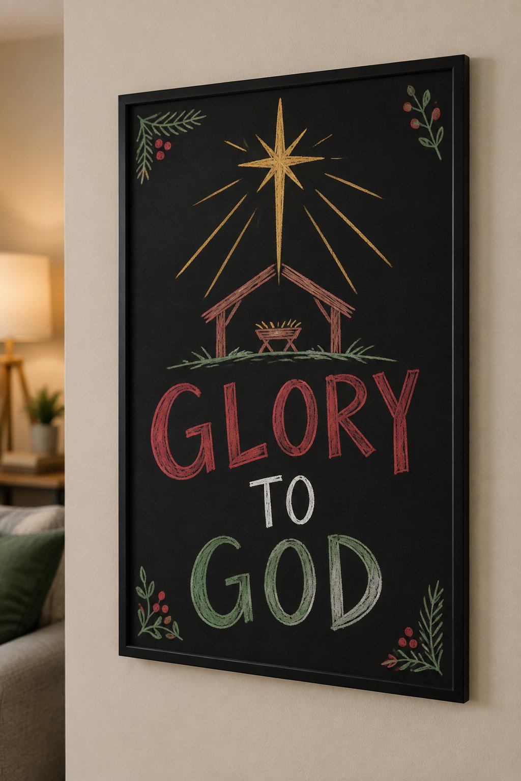 Glory to God: a hand-drawn christmas chalkboard sign reading "GLORY TO GOD".