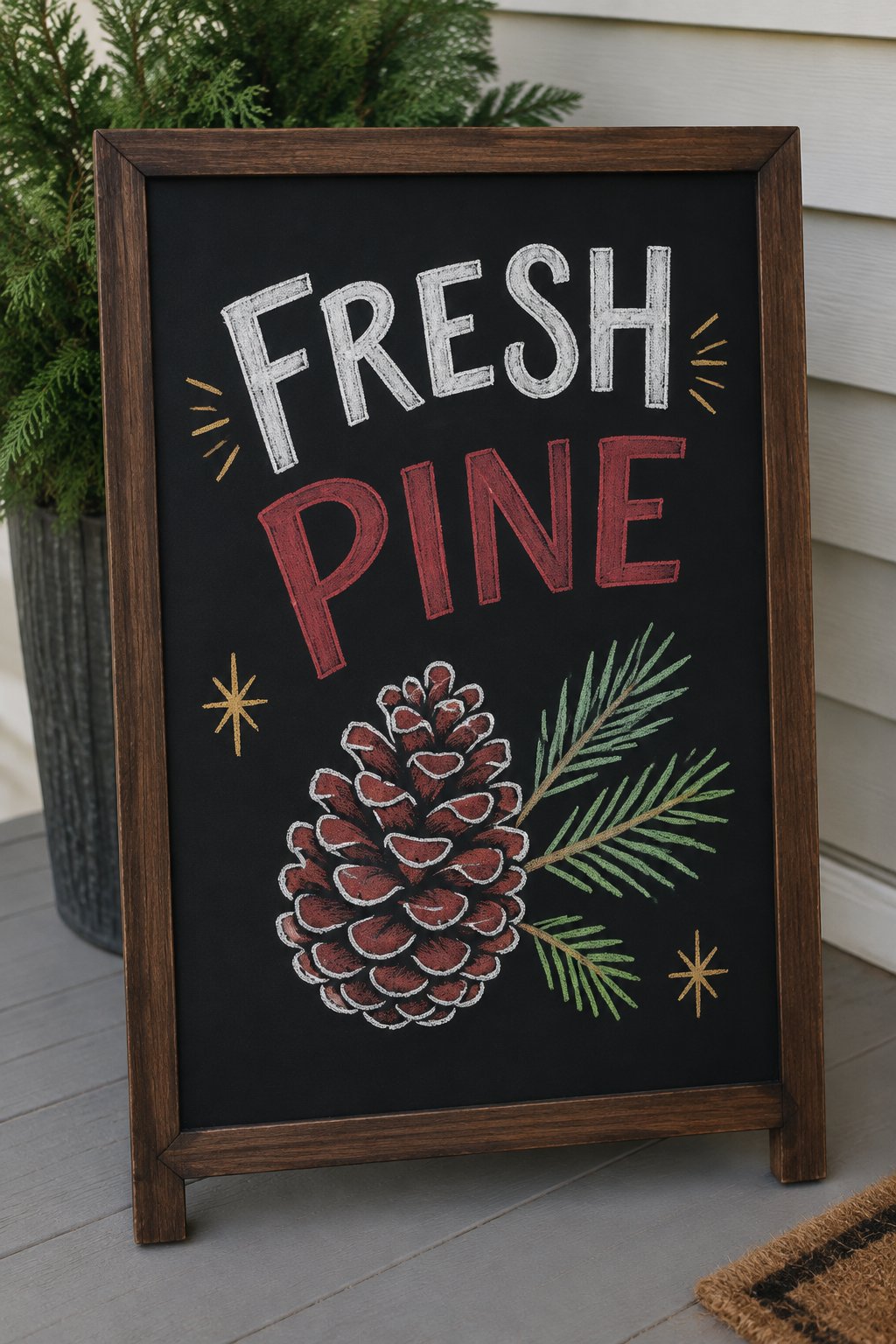Pinecone: a hand-drawn christmas chalkboard sign reading "FRESH PINE".