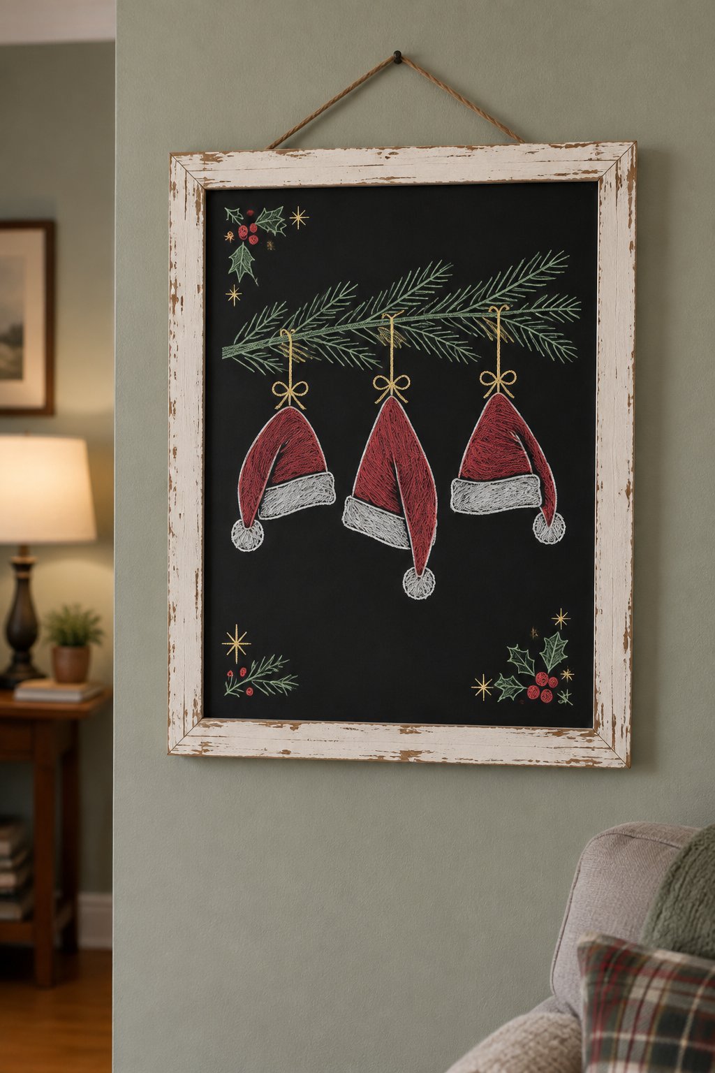 Santa Hats: a hand-drawn christmas chalkboard sign drawn without words, three Santa hats hanging from a pine branch, drawn with clean chalk outlines and soft color fill.