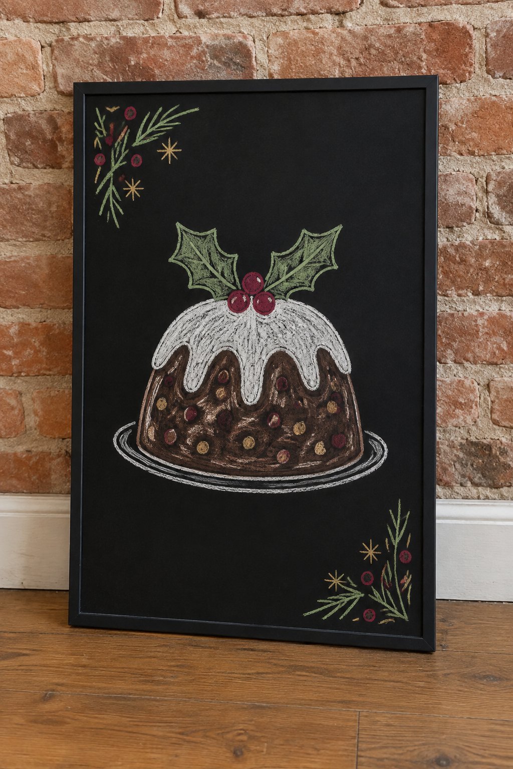 Christmas Pudding: a hand-drawn christmas chalkboard sign drawn without words, a Christmas pudding topped with icing and holly, drawn with clean chalk outlines and soft color fill.