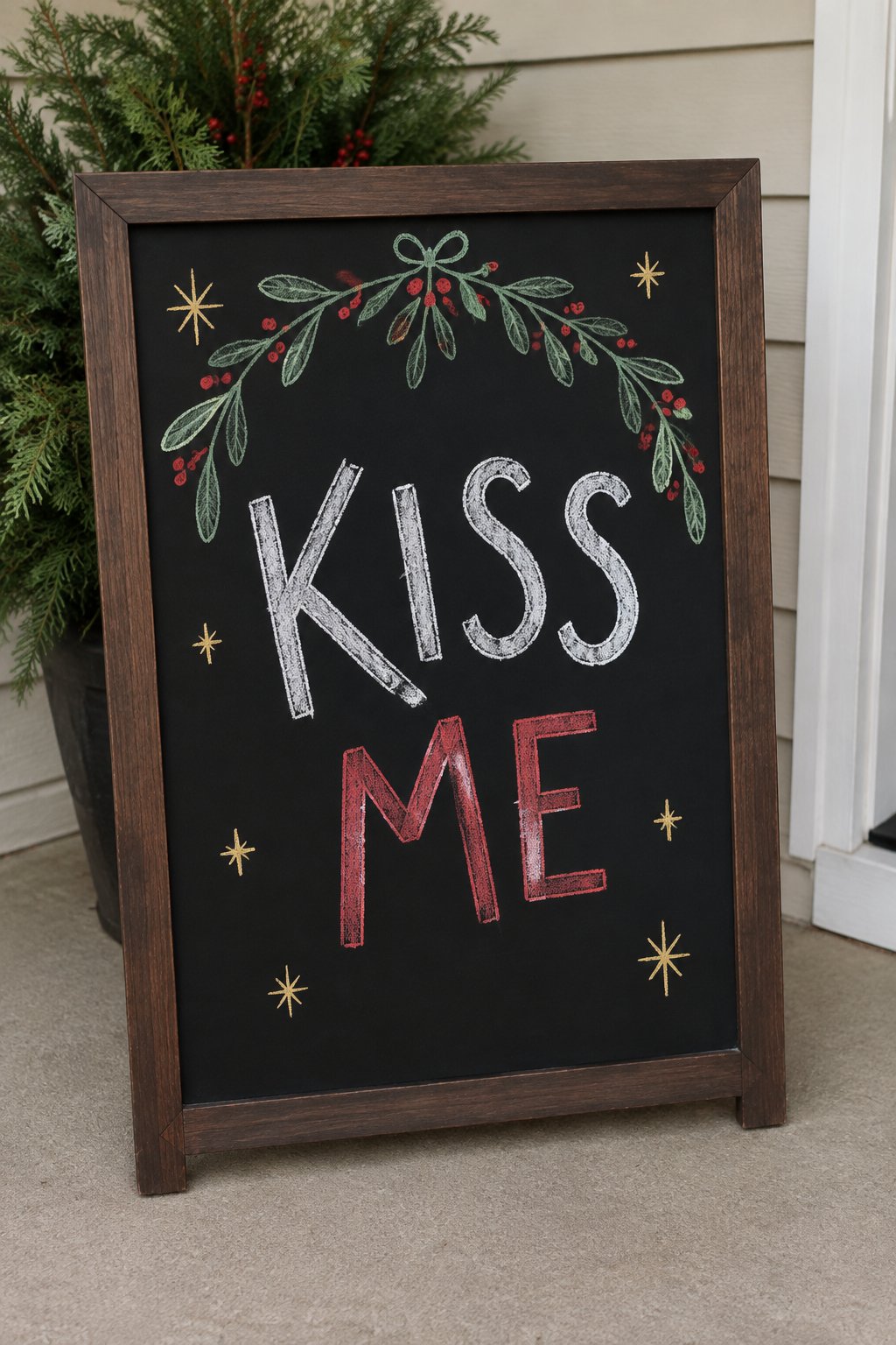 Mistletoe Moment: a hand-drawn christmas chalkboard sign drawn without words, mistletoe sprigs with red berries arching over the words and tiny gold stars.
