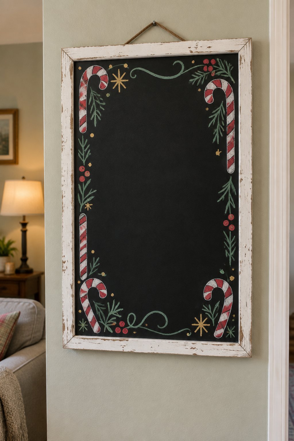 Candy Cane Charm: a hand-drawn christmas chalkboard sign drawn without words, red and white candy canes framing the board with swirling stripes, drawn with clean chalk outlines and soft color fill.