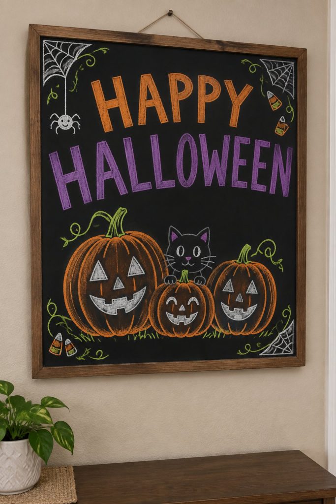 Happy Halloween chalkboard sign with three smiling jack-o'-lanterns and a little black cat peeking between them