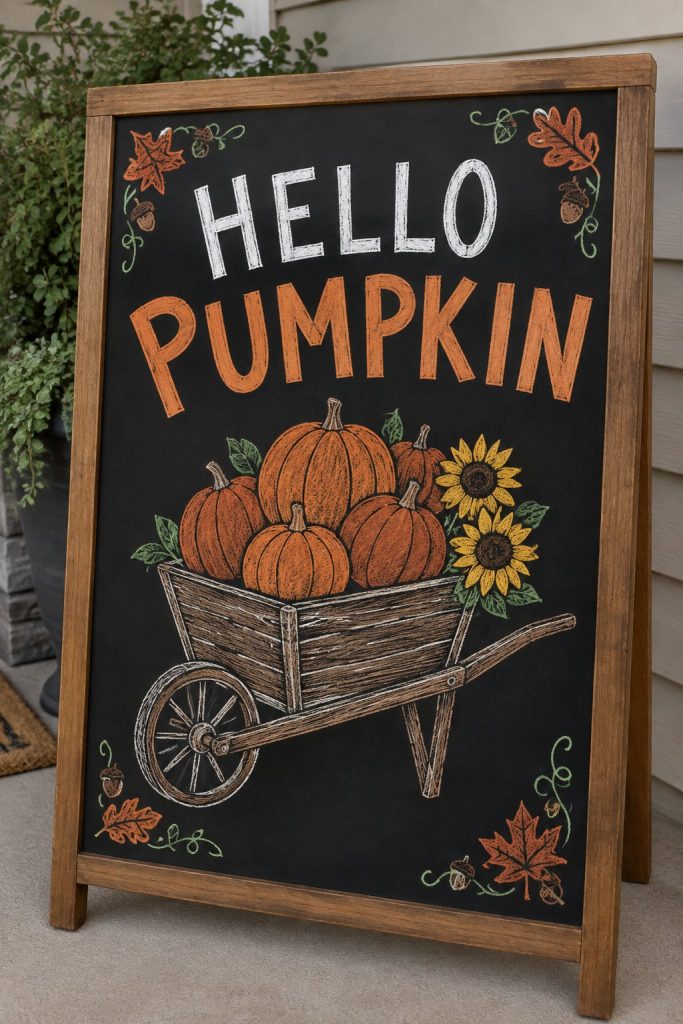 Hello Pumpkin chalkboard sign with a wooden wheelbarrow full of orange pumpkins and sunflowers
