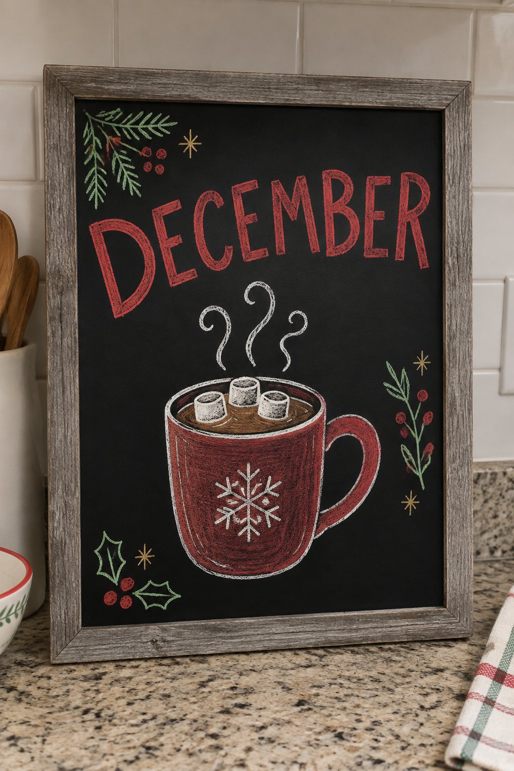 Cozy Cocoa: a hand-drawn christmas chalkboard sign reading "DECEMBER".