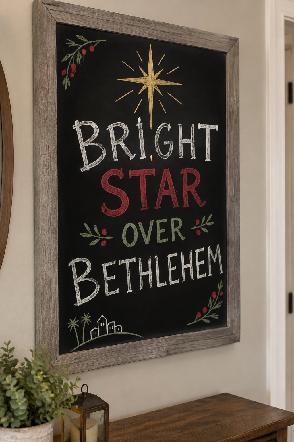 Bethlehem Star: a hand-drawn christmas chalkboard sign drawn without words, one bright shining star, drawn with clean chalk outlines and soft color fill.