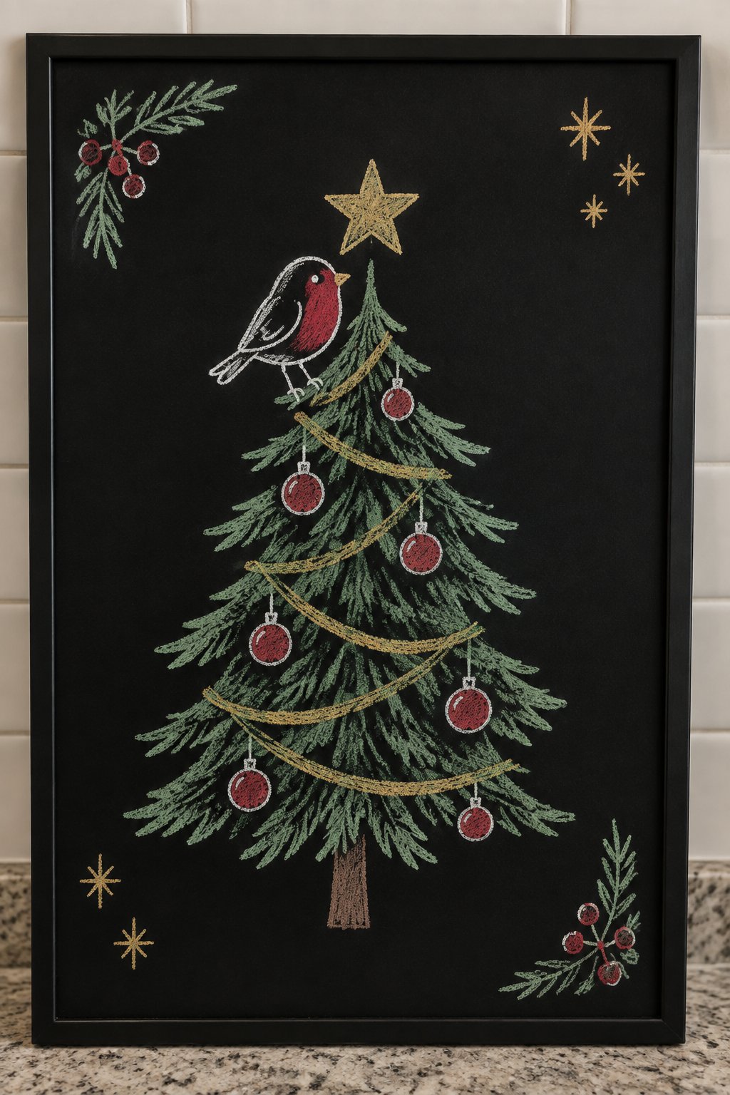 Bird and Tree: a hand-drawn christmas chalkboard sign drawn without words, a small bird perched on a decorated tree with a star, drawn with clean chalk outlines and soft color fill.
