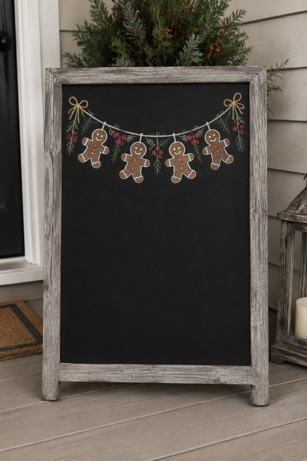 Gingerbread Garland: a hand-drawn christmas chalkboard sign drawn without words, a garland of gingerbread cookies with white icing and little red berries, drawn with clean chalk outlines and soft colo