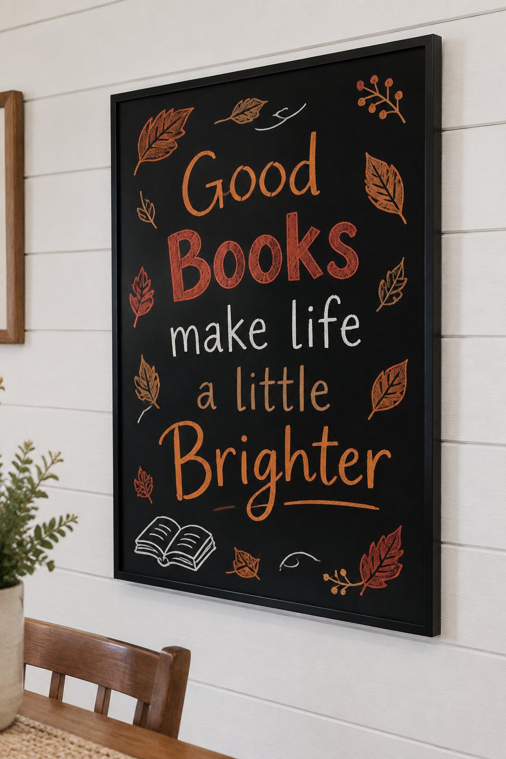 Nature’s Whisper: Leaves seem to drift gently across the board, surrounding a neatly styled quote in varied lettering. It’s a soft, nature-inspired piece that works beautifully in cozy reading corners or calm seasonal setups.