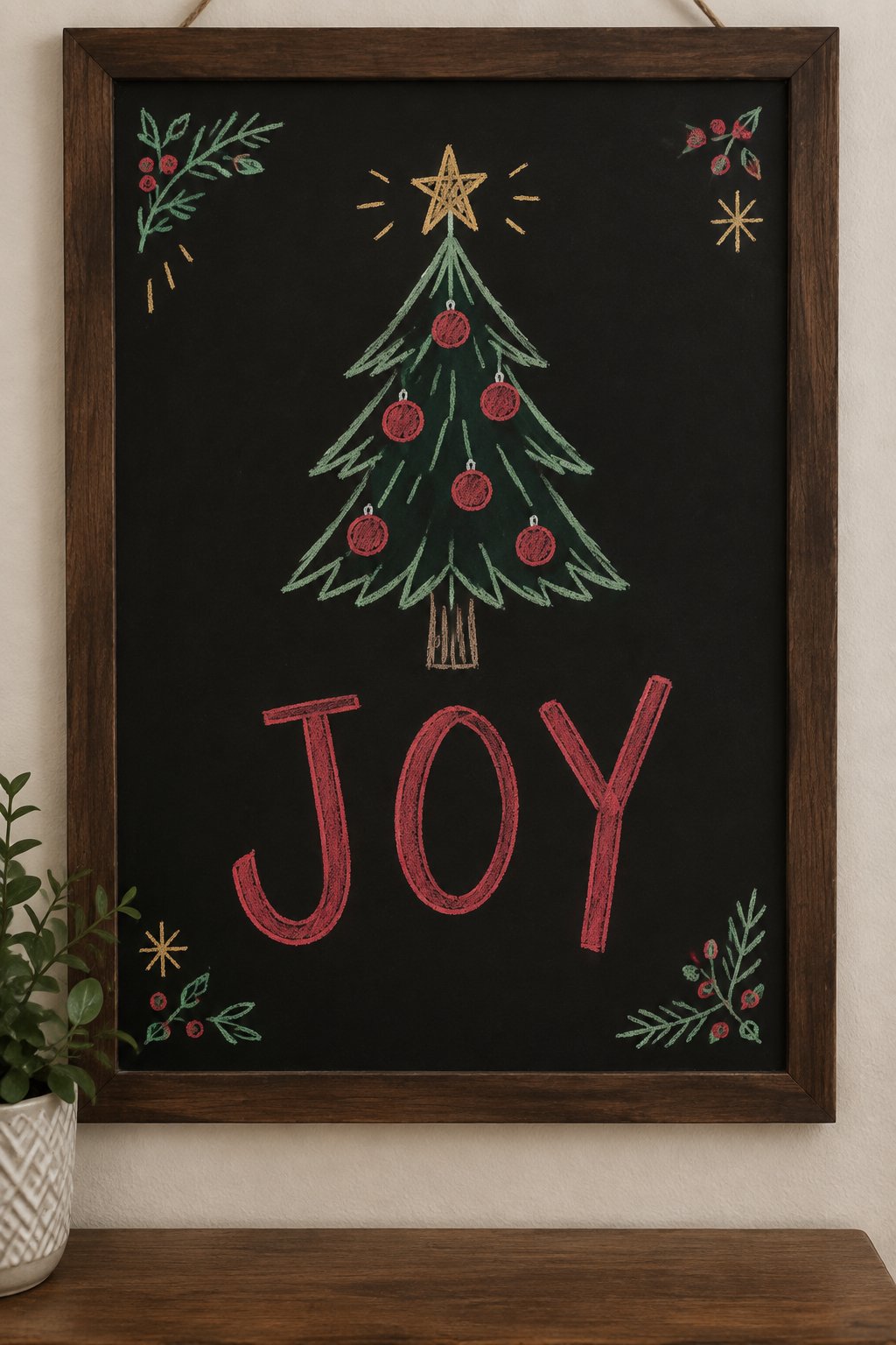 Little Pine Tree: a hand-drawn christmas chalkboard sign reading "JOY".