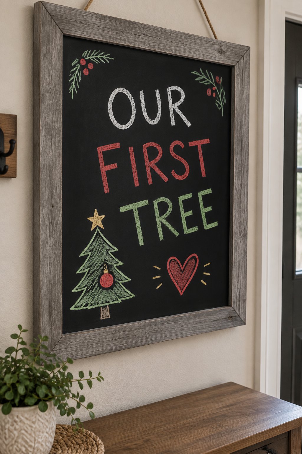 Our First Tree: a hand-drawn christmas chalkboard sign reading "OUR FIRST TREE".