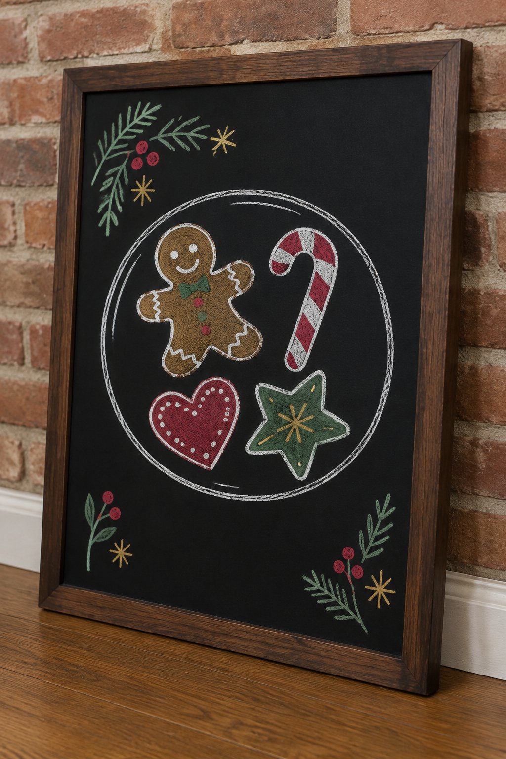 Christmas Cookies: a hand-drawn christmas chalkboard sign drawn without words, a round plate of Christmas cookies: a gingerbread cookie, a candy cane, a heart and a star, drawn with clean chalk outlin