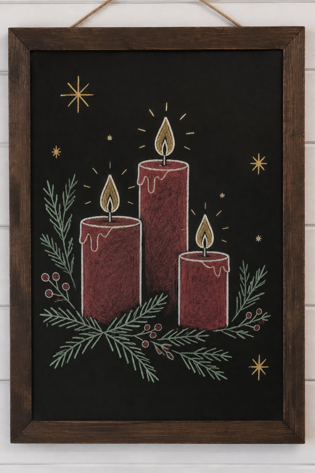 Candlelit Cheer: a hand-drawn christmas chalkboard sign drawn without words, three glowing candles with evergreen sprigs and tiny stars, drawn with clean chalk outlines and soft color fill.