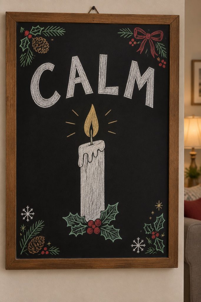 A hand-drawn christmas chalkboard sign reading "CALM".