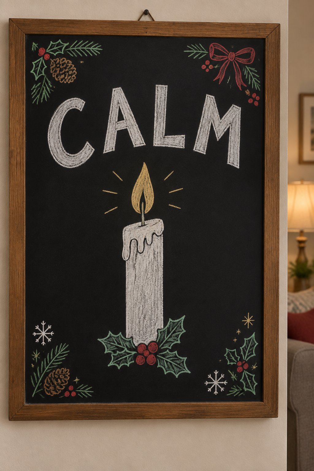 A hand-drawn christmas chalkboard sign reading "CALM".
