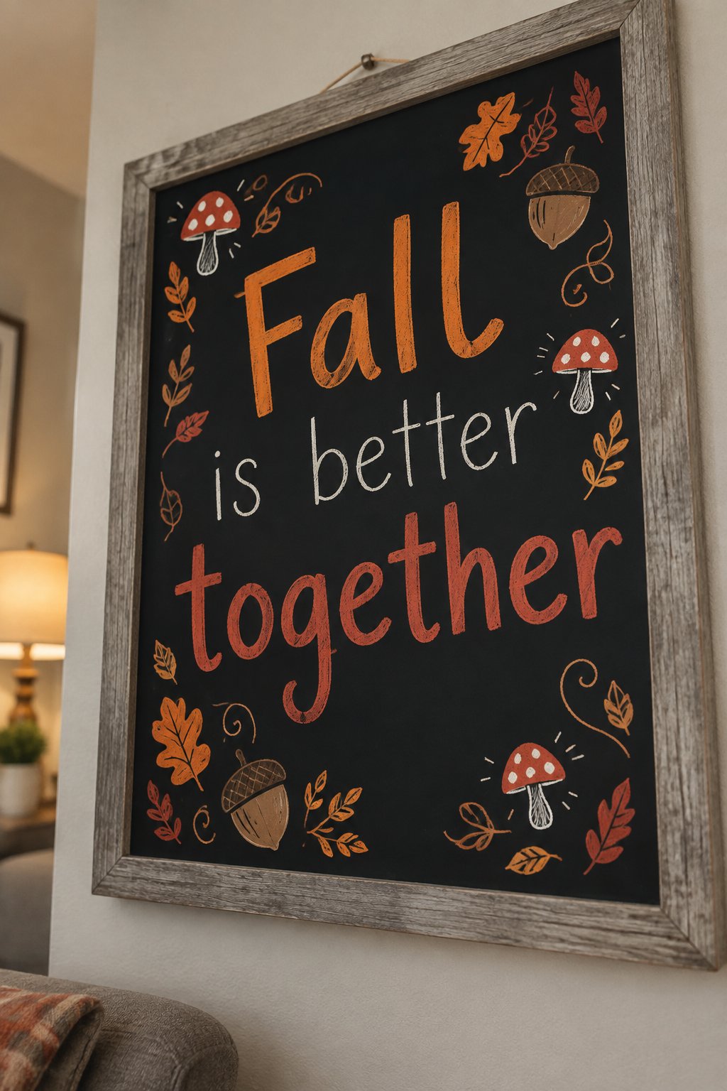 Nature’s Little Details: Fall chalkboard art ideas don’t get more charming than this—tiny mushrooms, swirling leaves, and shaded acorns wrap around the centered phrase in an even, pleasing rhythm.