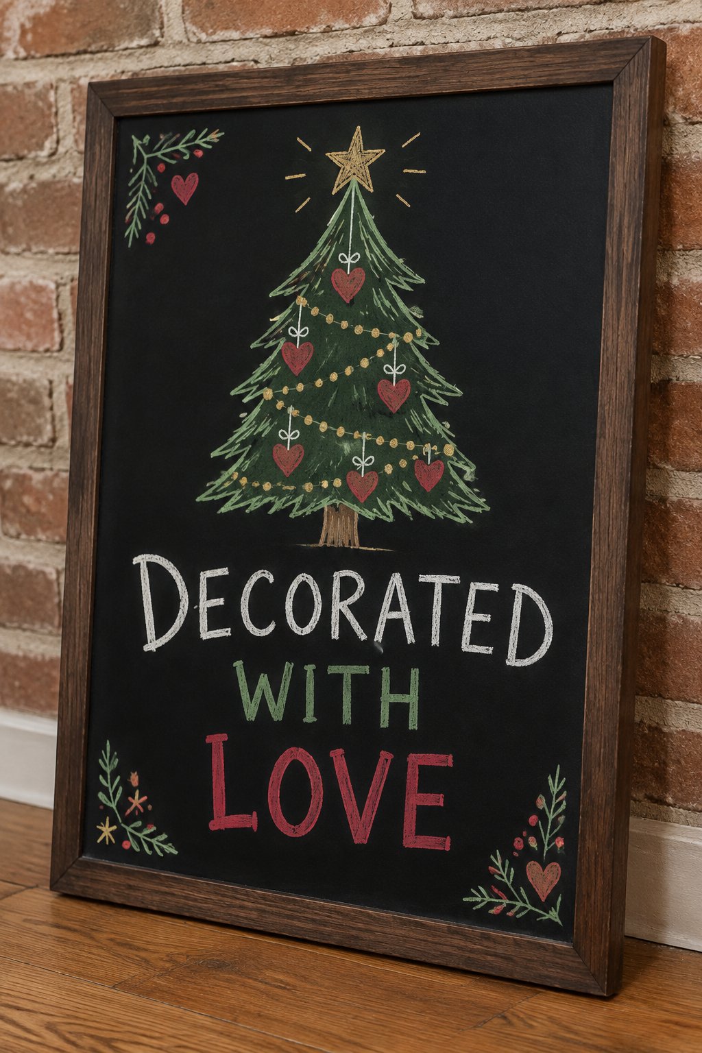 Decorated With Love: a hand-drawn christmas chalkboard sign reading "DECORATED WITH LOVE".