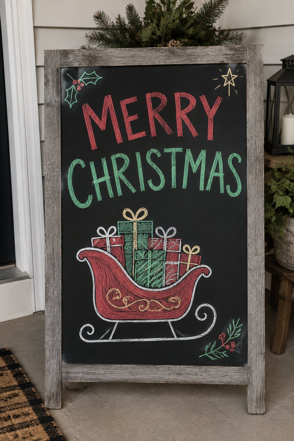 Merry Christmas Sleigh: a hand-drawn christmas chalkboard sign drawn without words, a sleigh piled with wrapped gifts, drawn with clean chalk outlines and soft color fill.