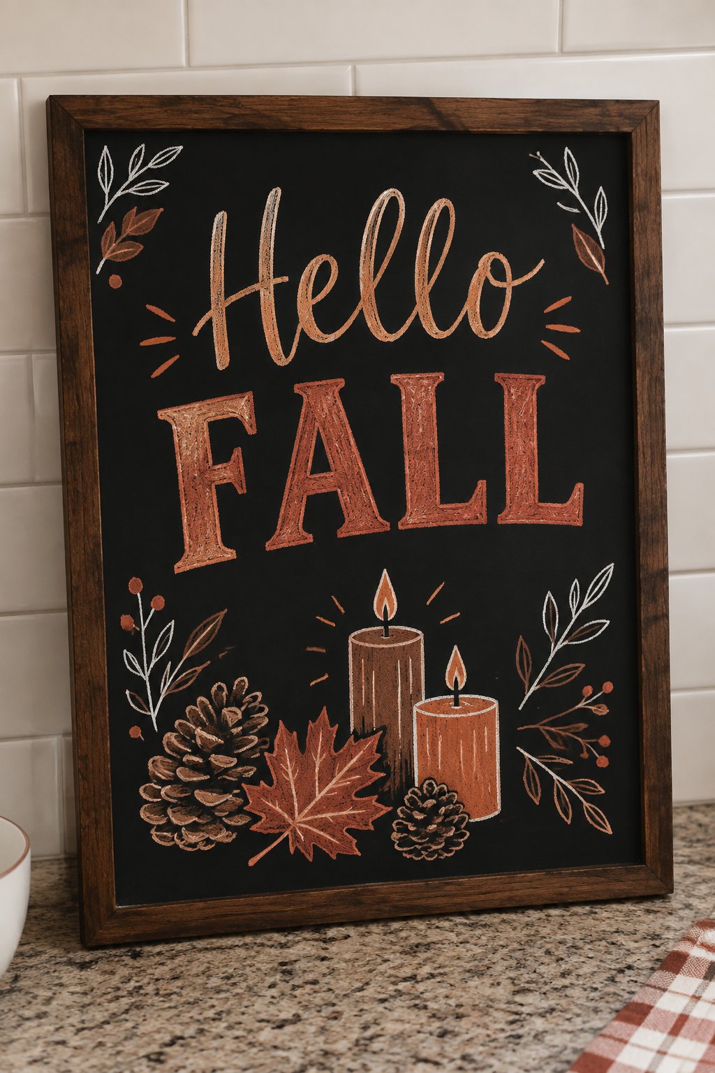 Hearthside Chalk Charm: Muted flourishes and delicate chalk leaf accents soften the bold typography in this fall chalkboard art idea. Nestled among pinecones, a maple leaf, and candlelight, it makes a perfect warm vignette for mantel or side table di