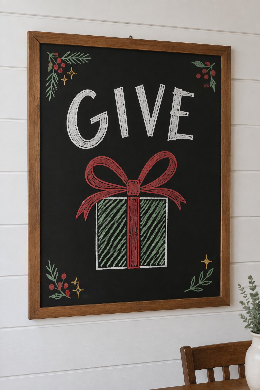 Gift With Bow: a hand-drawn christmas chalkboard sign reading "GIVE".