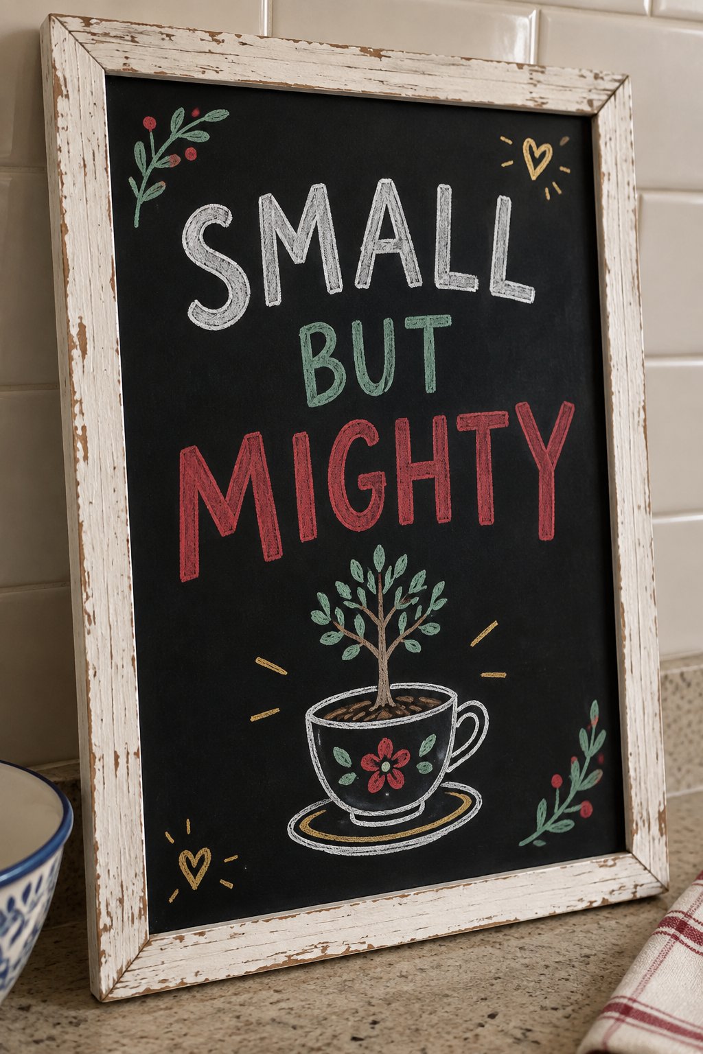 Small But Mighty: a hand-drawn christmas chalkboard sign reading "SMALL BUT MIGHTY".