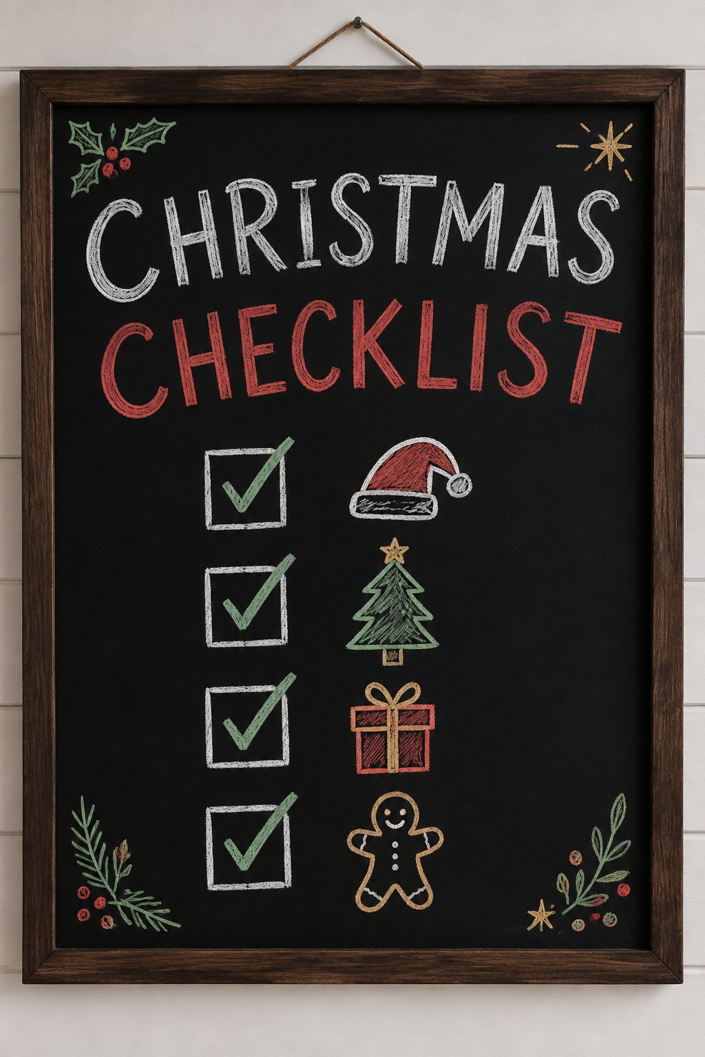 Christmas Checklist: a hand-drawn christmas chalkboard sign drawn without words, a checklist with four checked boxes, drawn with clean chalk outlines and soft color fill.