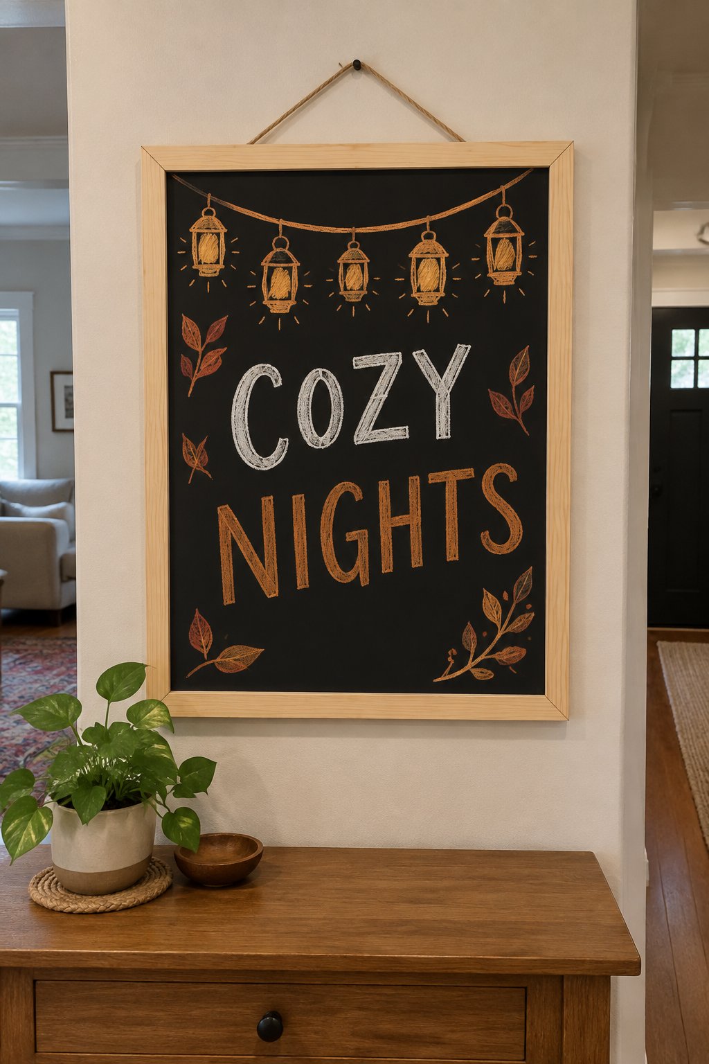 Lantern Lit Lane: This chalkboard shows a row of glowing lanterns in amber chalk, their soft halos blending into dusk-blue backgrounds for a cozy porch vibe. Add a warm script and scattered leaf accents to finish a welcoming, lantern-kissed display p