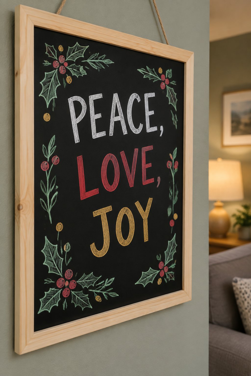 Peace, Love, Joy: a hand-drawn christmas chalkboard sign drawn without words, a ring of holly, berries and leaves around the words, drawn with clean chalk outlines and soft color fill.