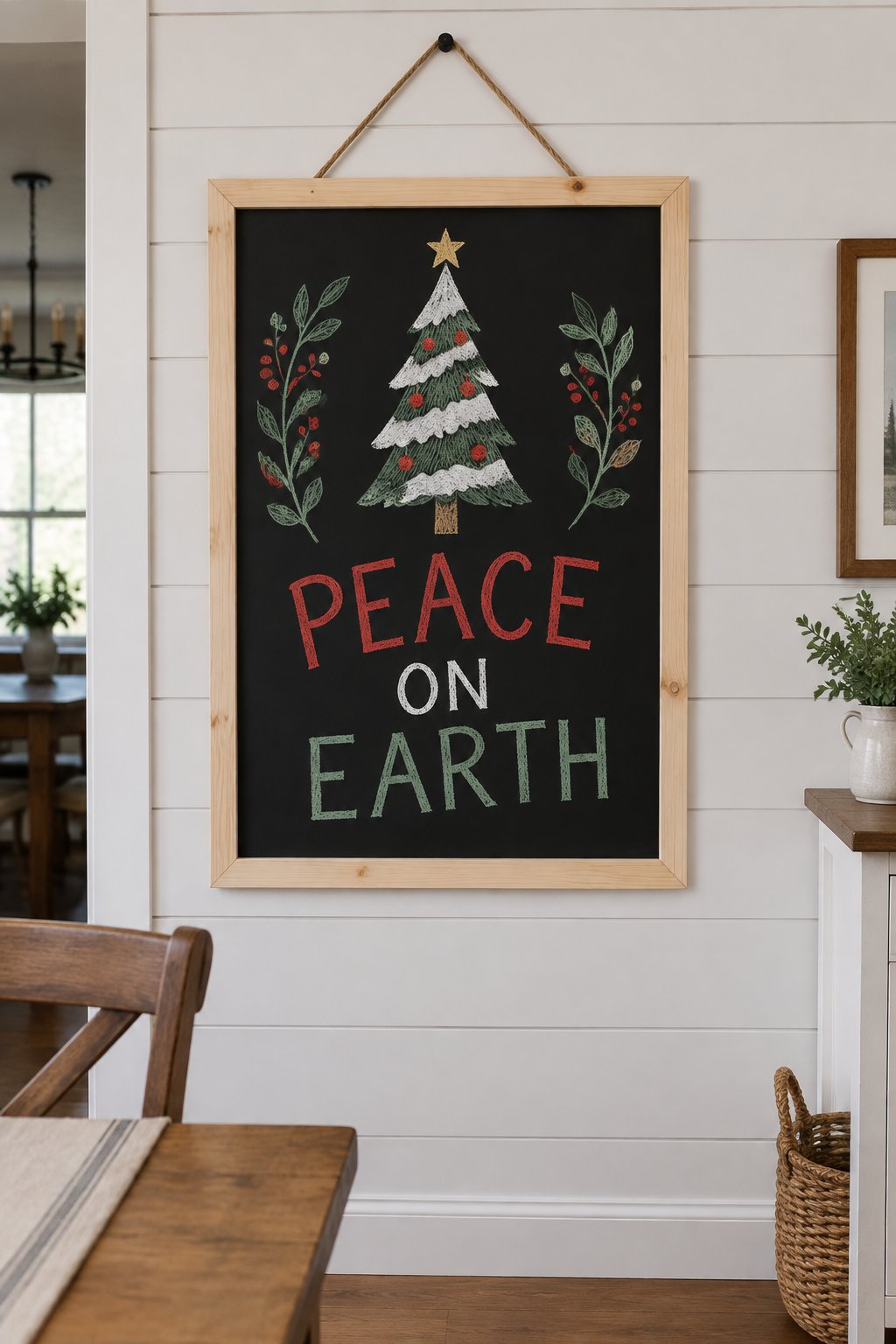 Peace Message: a hand-drawn christmas chalkboard sign drawn without words, a snowy Christmas tree between two leafy sprigs, drawn with clean chalk outlines and soft color fill.
