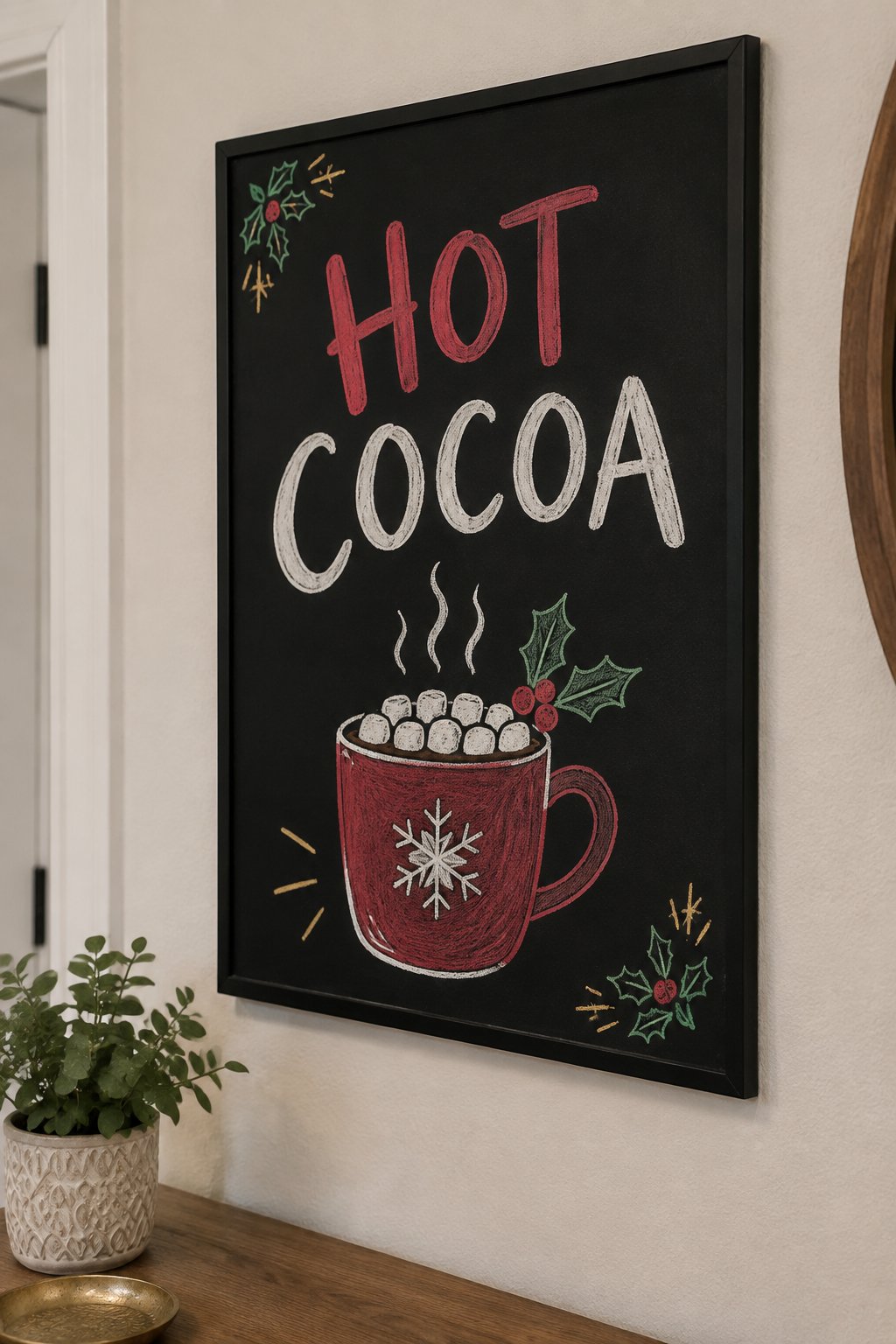 Hot Cocoa: a hand-drawn christmas chalkboard sign drawn without words, a steaming mug topped with marshmallows and holly, drawn with clean chalk outlines and soft color fill.