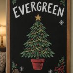 A hand-drawn christmas chalkboard sign reading "EVERGREEN".