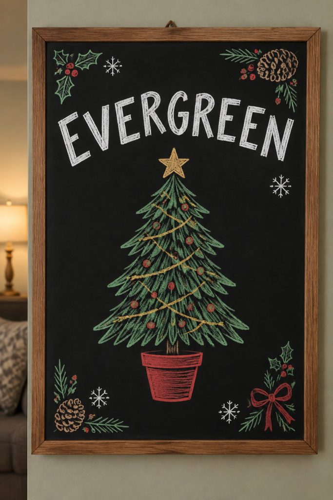 A hand-drawn christmas chalkboard sign reading "EVERGREEN".