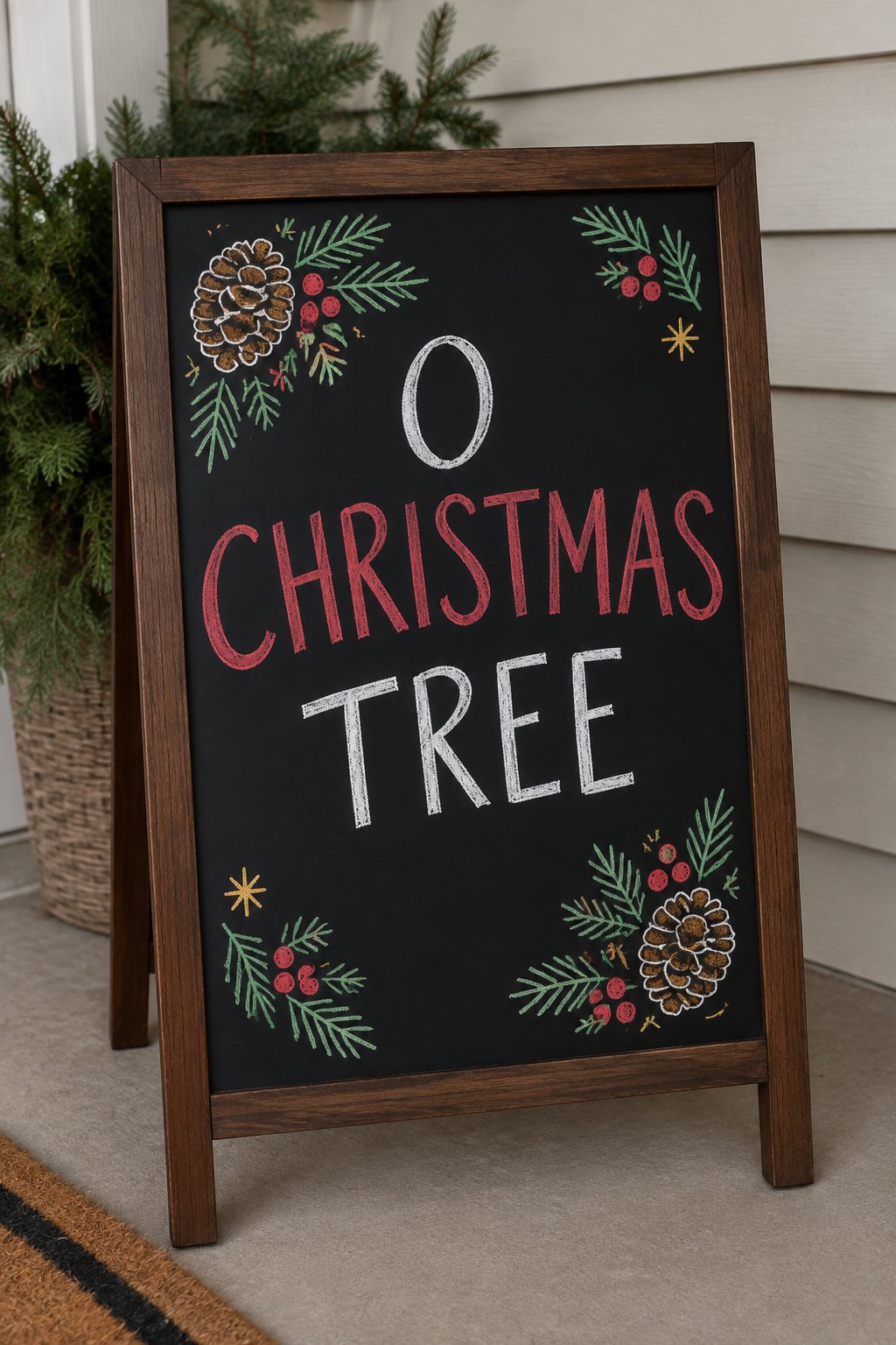 Pinecone Wreath: a hand-drawn christmas chalkboard sign drawn without words, pinecones and pine sprigs with red berries, drawn with clean chalk outlines and soft color fill.