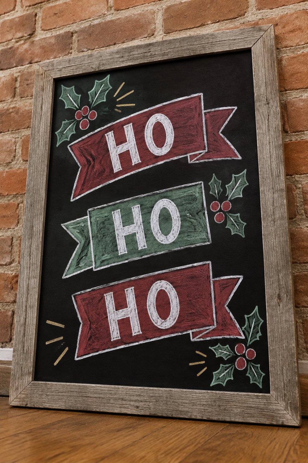 ‘Ho Ho Ho’: a hand-drawn christmas chalkboard sign drawn without words, three ribbon banners with holly, drawn with clean chalk outlines and soft color fill.