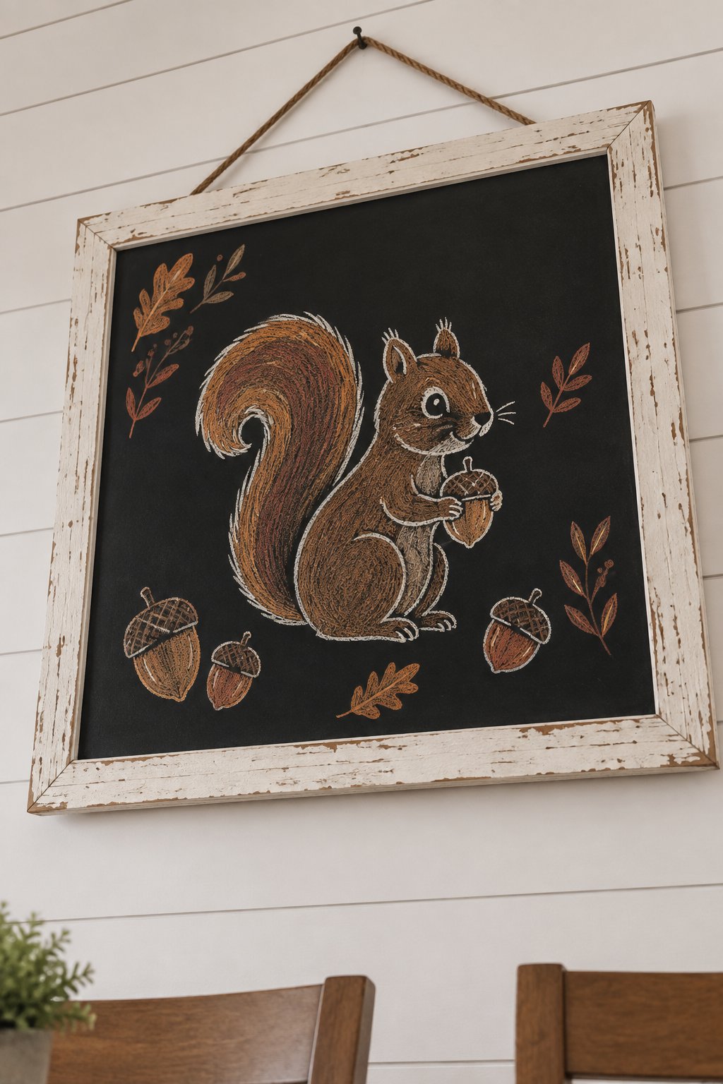 Why So Squirrelly?: If you're looking for fall chalkboard art ideas that lean into woodland charm, this little guy fits the bill with curled tail details and perfectly placed acorns.