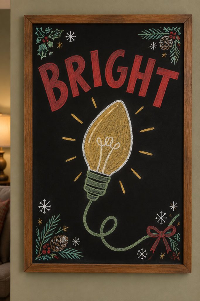 A hand-drawn christmas chalkboard sign reading "BRIGHT".