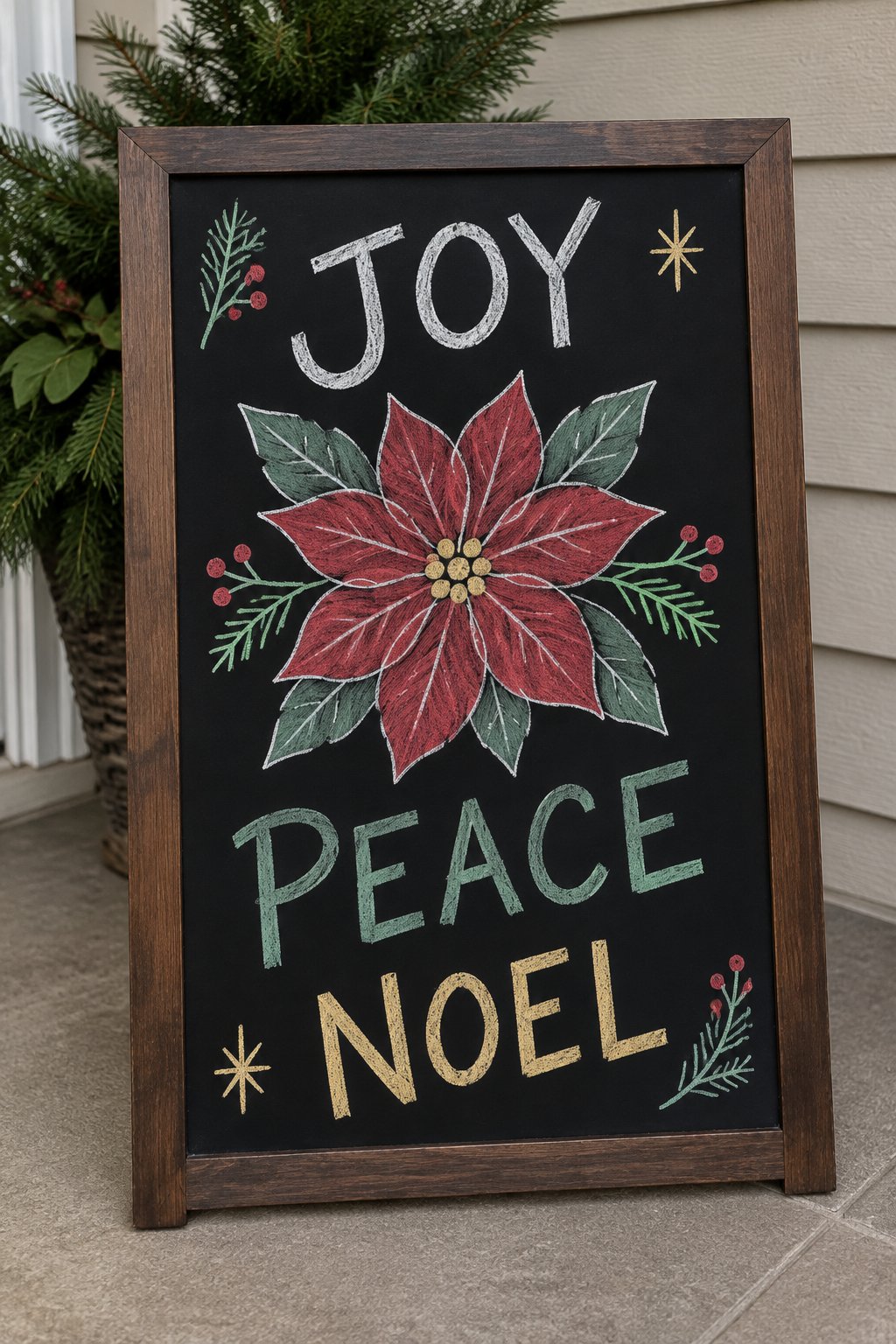 Poinsettia Noel: a hand-drawn christmas chalkboard sign drawn without words, a big poinsettia flower in the center, drawn with clean chalk outlines and soft color fill.