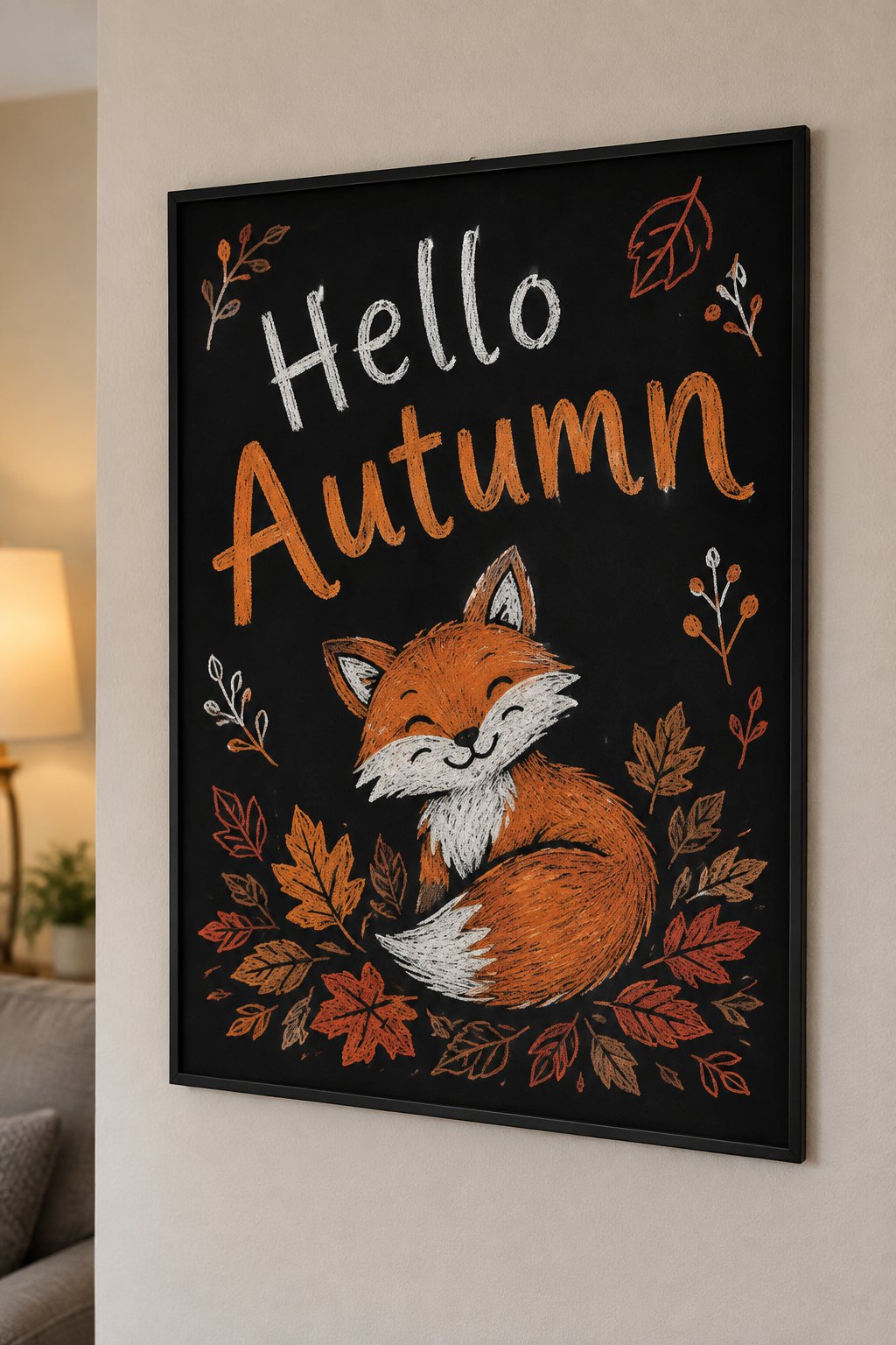 Woodland Muse: A cheerful fox drawn in vibrant chalk tones is nestled in a bed of detailed autumn leaves, with each stroke highlighting its fluffy texture and curled tail.