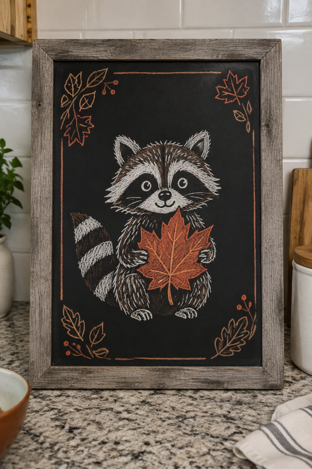Forest Friend Moment: A wide-eyed raccoon clutches a maple leaf in this heartwarming fall chalkboard art idea, framed by delicate chalk lines and muted leaf sketches.