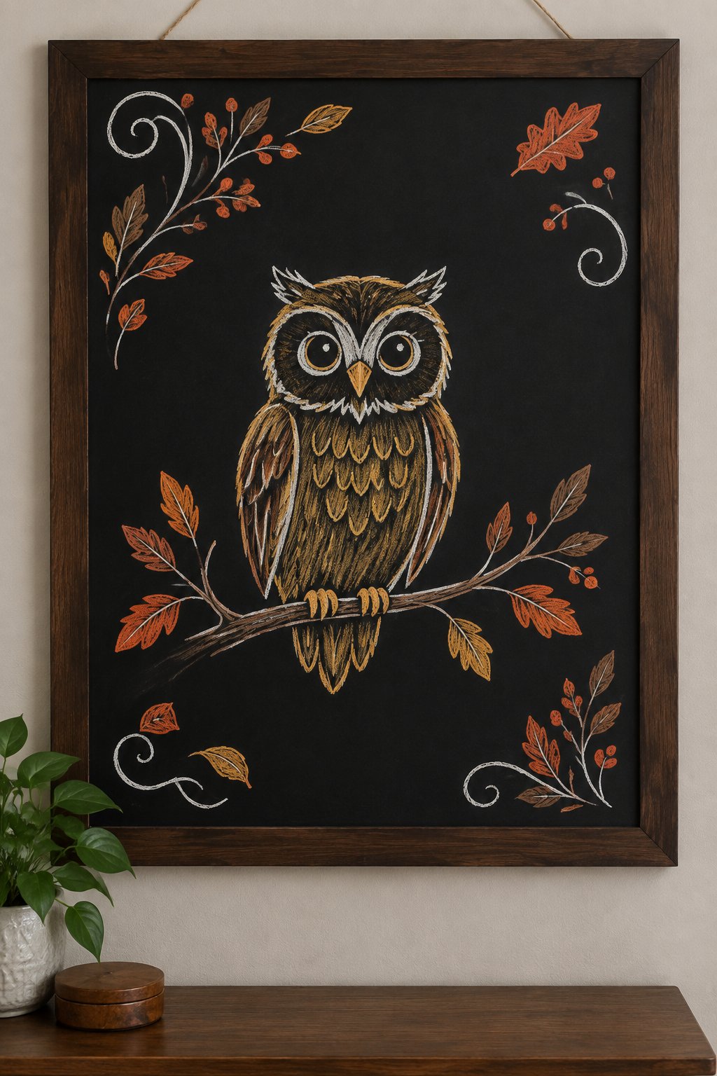 Wise with the Season: Drawn in soft, textured strokes, the owl anchors the design with its steady gaze and golden feathers. Ornamental curls and autumn foliage balance the layout, adding a whimsical, forest-inspired charm to seasonal gallery walls.
