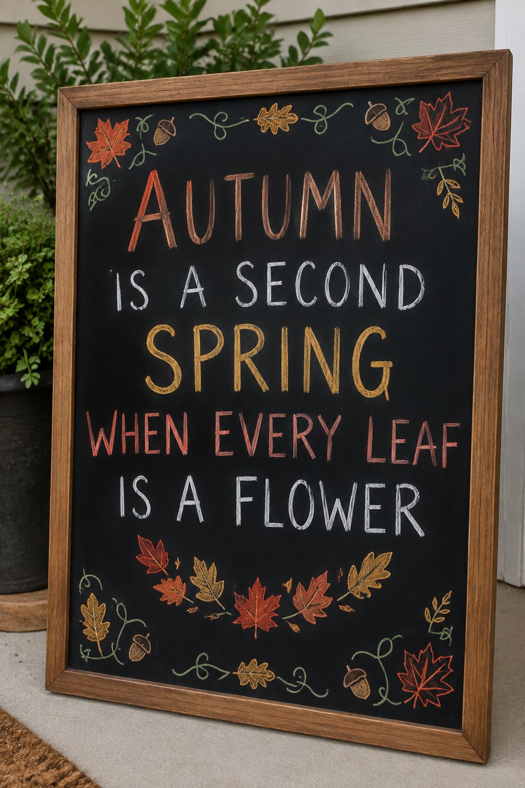 A Second Spring: a fall chalkboard sign with the Camus autumn quote lettered among red, orange and gold leaves, no people.