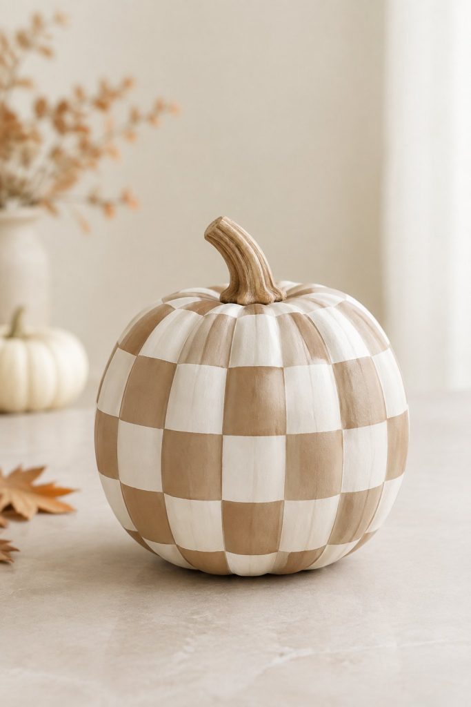 Checkered Cream and Tan Pumpkin - aesthetic painted pumpkin ideas