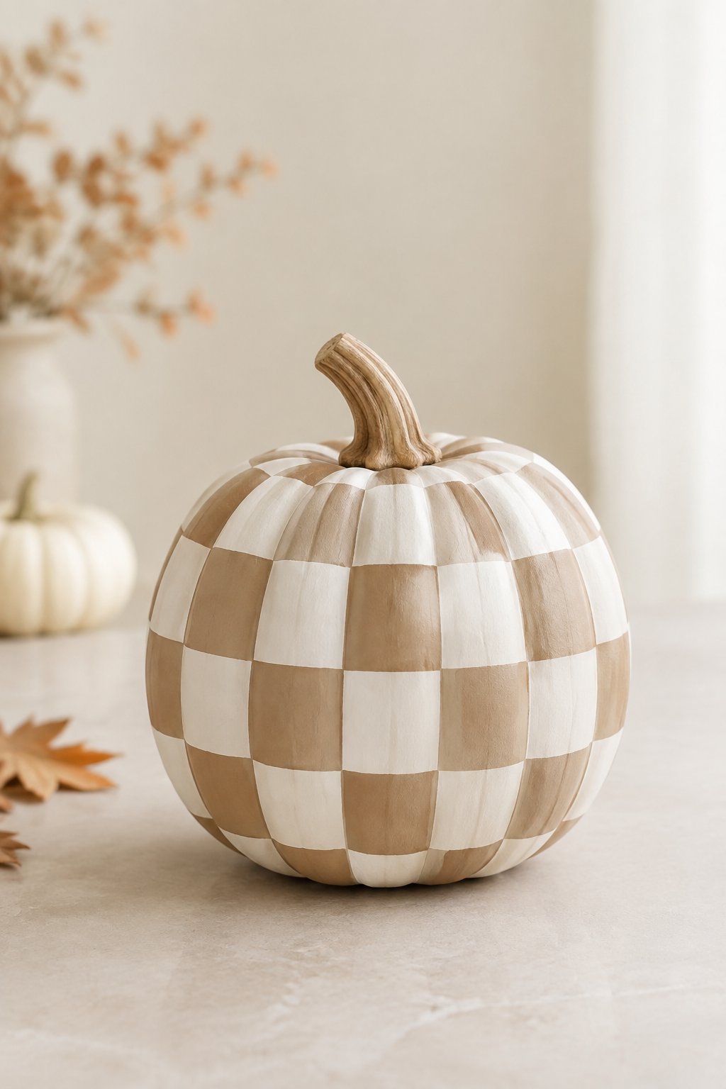 Checkered Cream and Tan Pumpkin - aesthetic painted pumpkin ideas