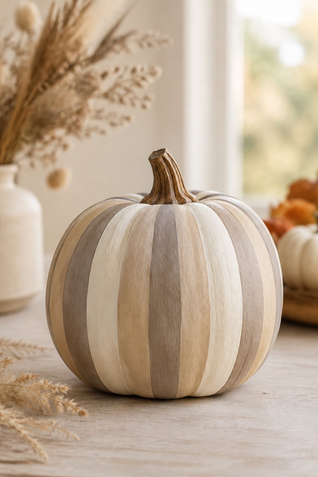 Neutral Stripe Pumpkin - aesthetic painted pumpkin ideas