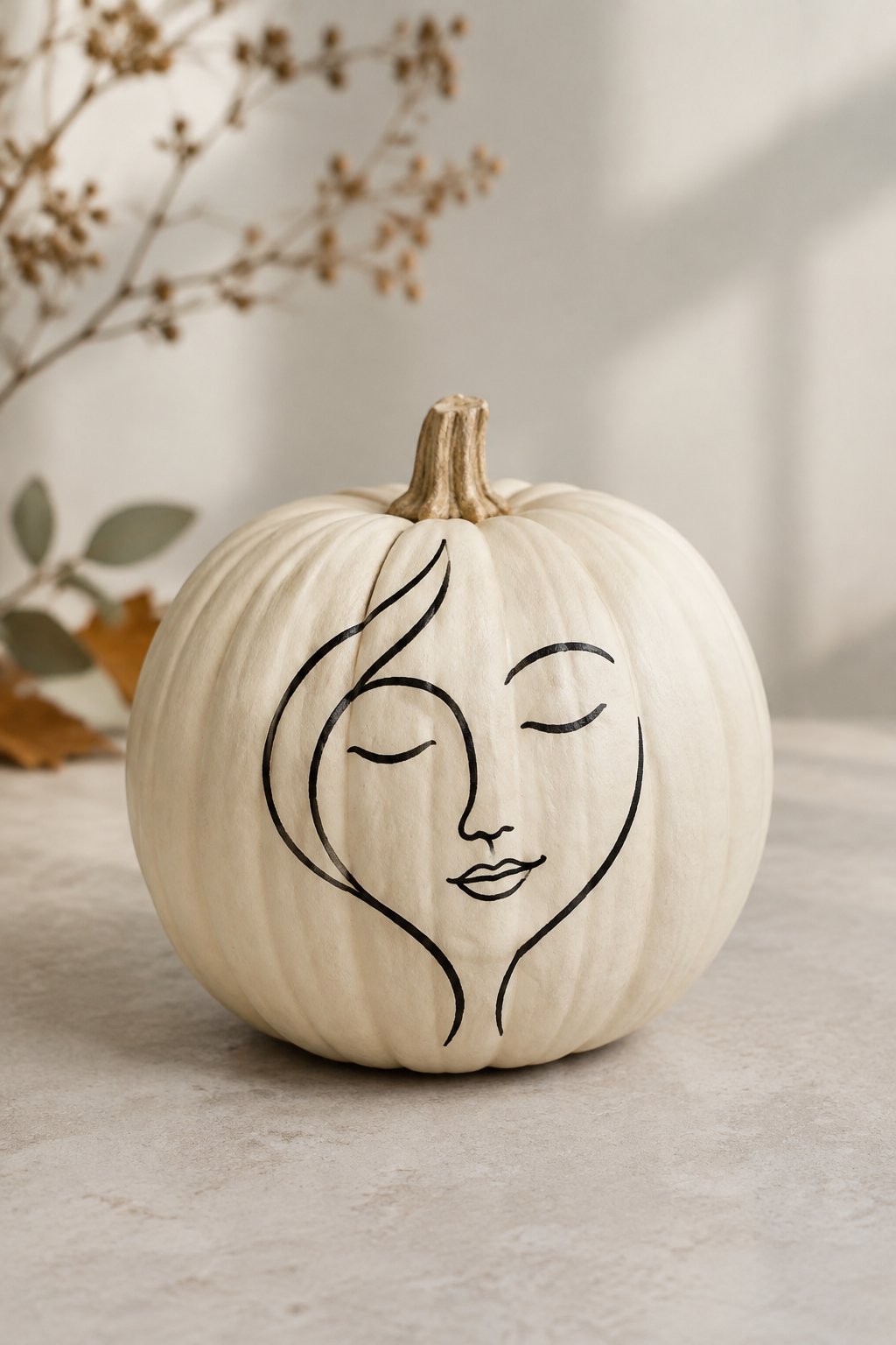 Line Art Face Pumpkin - aesthetic painted pumpkin ideas