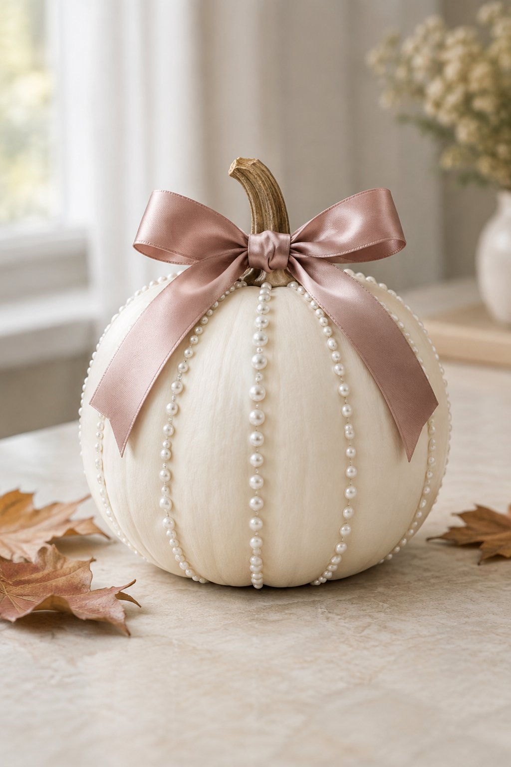 Pearl and Bow Pumpkin - aesthetic painted pumpkin ideas